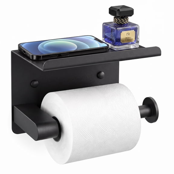 Matte Black Toilet Paper Holder with Shelf, Mega Roll Compatible, SUS 304 Stainless Steel Wall Mount, Adhesive or Screw-In, Rust-Resistant Bathroom Tissue Holder for RV