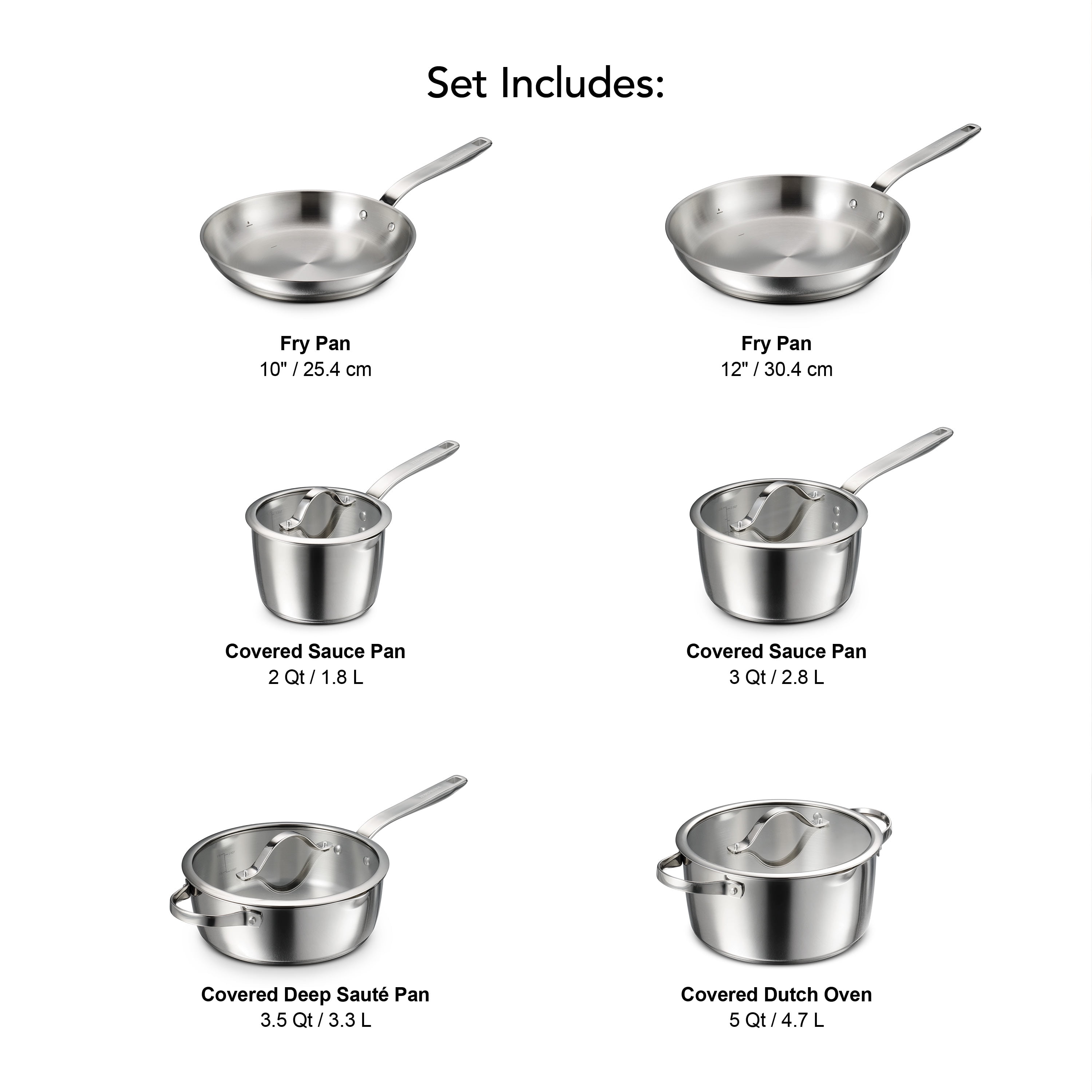 Tramontina Tempo Tri-Ply Base Stainless Steel 10-Piece Cookware Set with Glass Lids, Pots and Pans Kitchen Set, Induction-Ready, Oven-Safe, Dishwasher-Safe