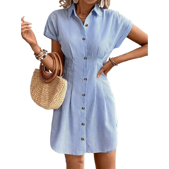 Women Dresses Casual Short Sleeve Button Down Shirt Dresses XS