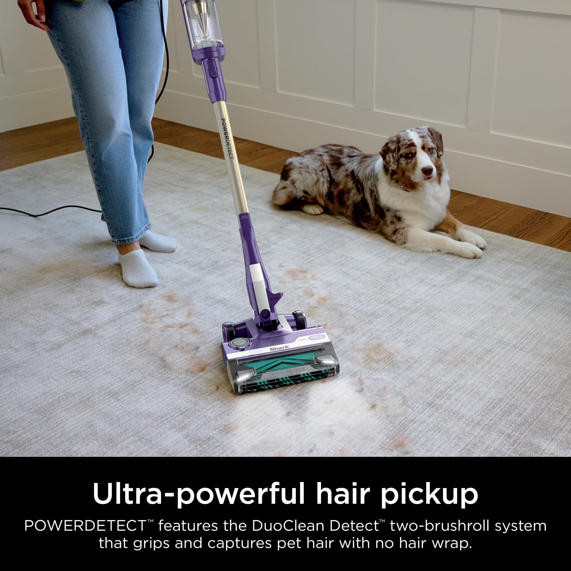Shark POWERDETECT Corded Stick Vacuum, Carpet and Hardfloors, Pet Friendly, with DuoClean Detect Technology, Self-Cleaning Brushroll, HZ4002 Purple