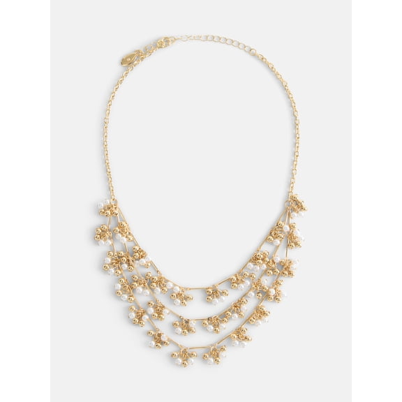 Scenario Women's Gold-Tone 3-Row Necklace with Faux Pearl Bead Clusters