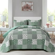 Floral Plaid Quilt Set Queen Size 3-Piece Reversible Boho Bedding, Microfiber Coverlet with Pillow Shams for All Seasons Decor, Sage Green