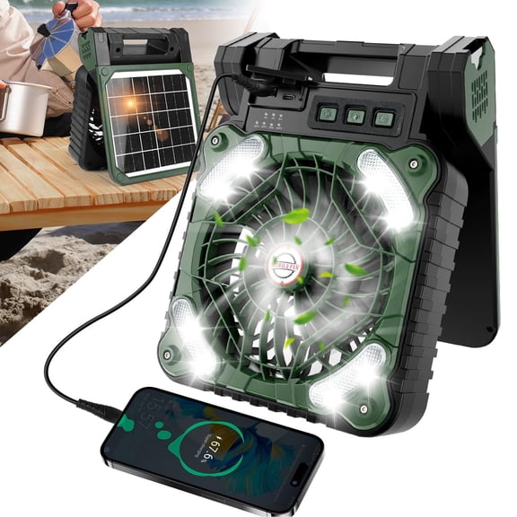 Solar Fan Type C Charging 5200MAH Battery 4 Speed Brushless Motor Airflow LED Timer, Solar Fan with Solar Panel for Camping, Fishing, Hiking