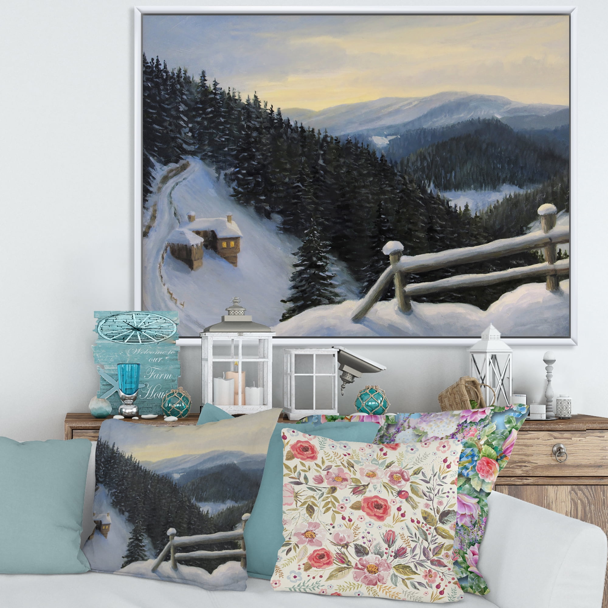 Designart 'View On Snowy Mountain Tops At Evening Glow' Traditional Framed Canvas Wall Art Print