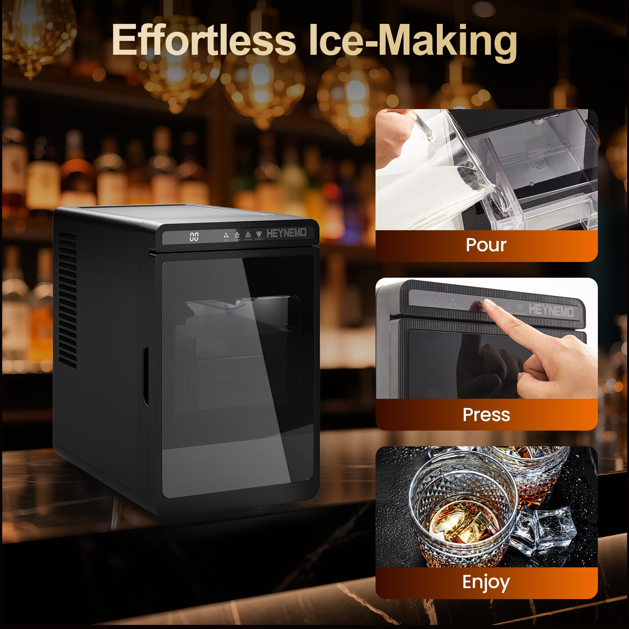 Sunvivi Clear Ice Maker for Home – Compact Countertop Ice Machine with 1.6" Square Ice Cubes, Self-Cleaning, LED Light & Timer, Portable Electric Ice Maker for Kitchen, Bar, RV, Black