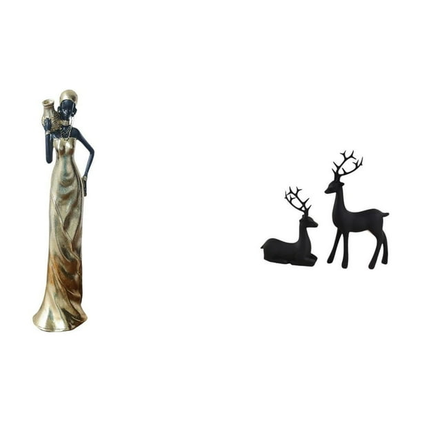 Figura Decorativa De Resina De Una Mujer Tribal Africana Y Un Ciervo Negro. Elegante Pieza Para Decorar El Hogar, Ideal Para Hoteles, Salas De Estar, Estudios, Balcones O Como Regalo.