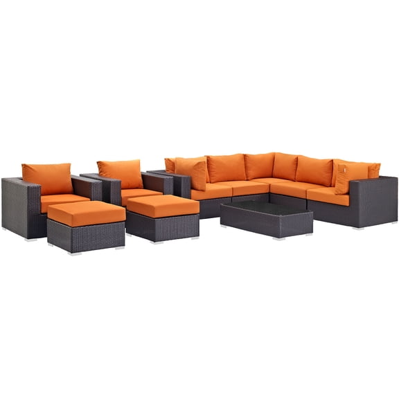 Modern Contemporary Urban Design Outdoor Patio Balcony Ten PCS Sectional Sofa Set, Orange, Rattan