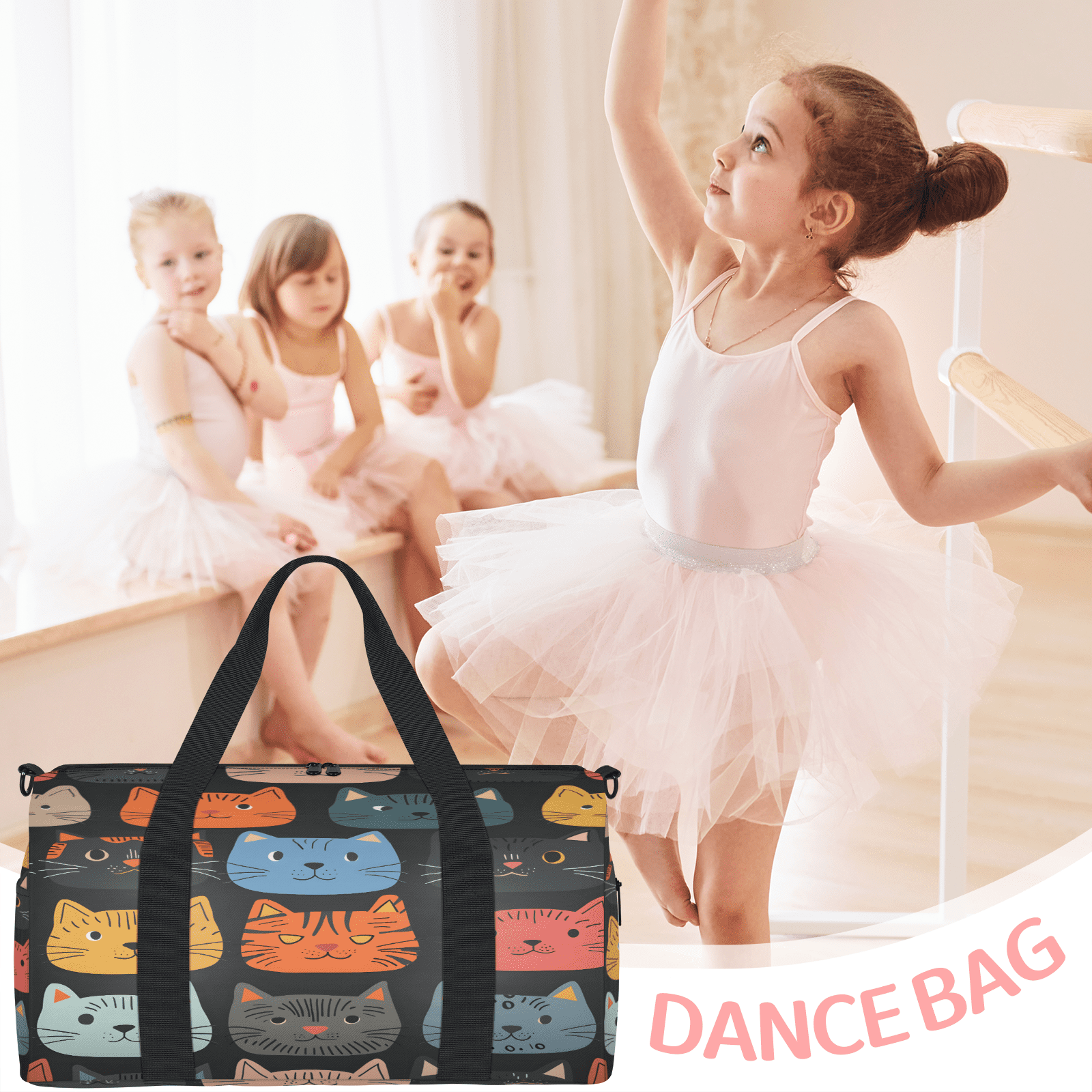 Herdesigns Cute Cartoon Cat Gym Bag for Women, Duffle Bag for Travel Sport, Lightweight Waterproof Carry on Weekender Overnight Dance Yoga Workout Bags