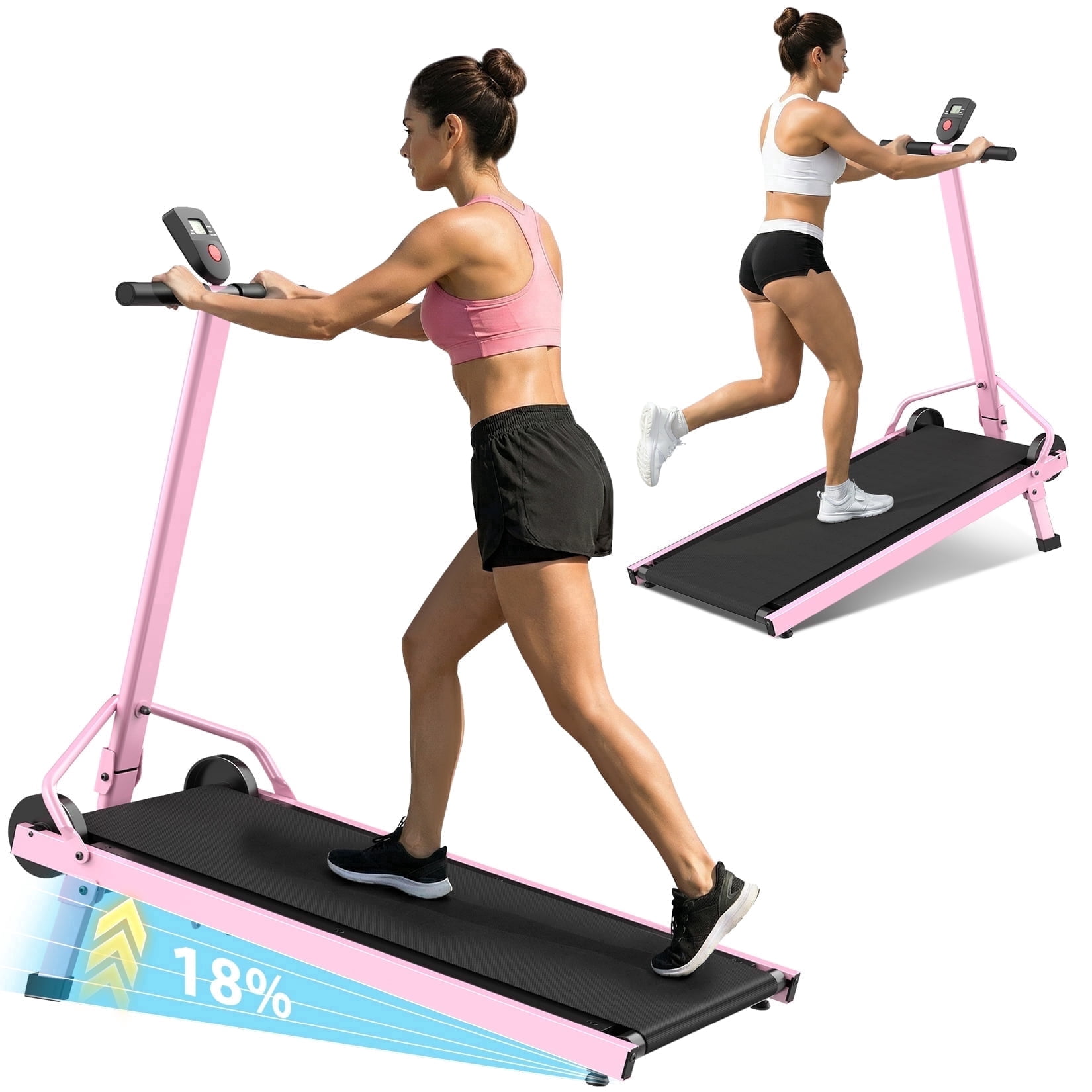 Manual Treadmill with 18% Fixed Incline, Non Electric Treadmill with Dual Flywheel System, 300LBS Capacity, LCD Monitor, Compact Portable Design for Home Indoor Walking Jogging