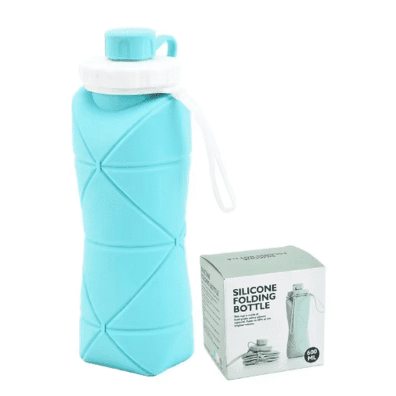 Collapsible 600ml Green Geometric Silicone Water Bottle - Blue
