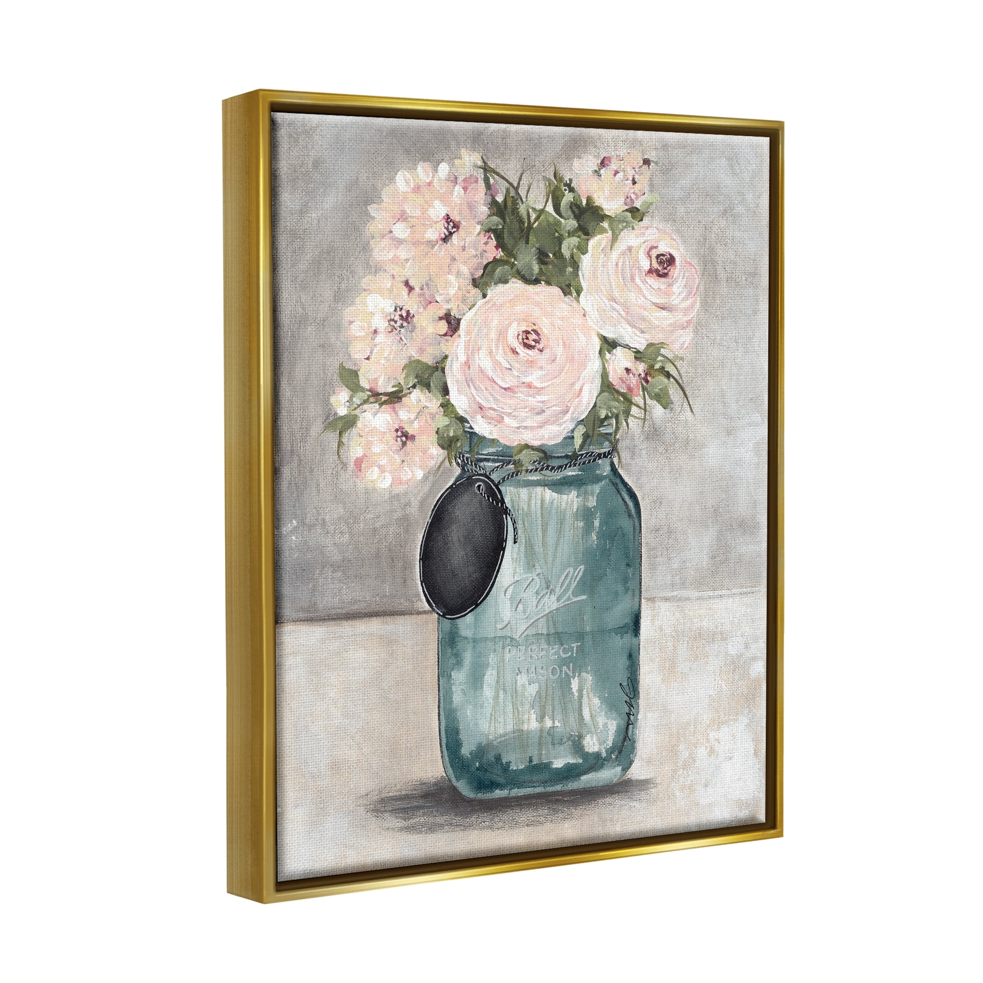 Stupell Industries Round Pink Blossoms Rustic Country Jar Vase Painting Metallic Gold Floating Framed Canvas Print Wall Art, Design by Julie Norkus