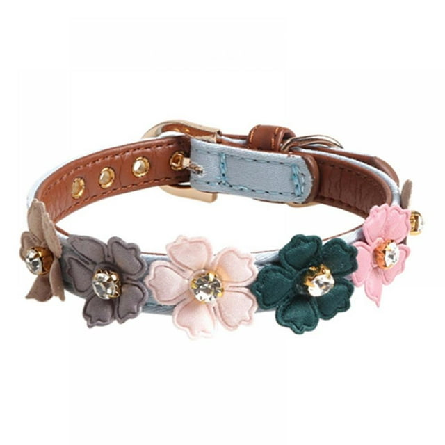 POINTERTECK Pet Adjustable PU Collar for Small Medium Dogs Shiny Lovely Colorful Flowers with Shiny Diamonds