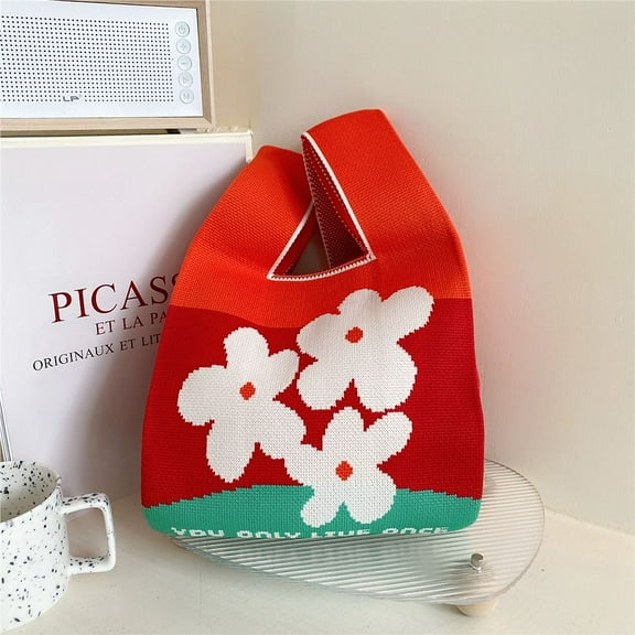 Reusable Niche Design Shopping Bags Women Girls Shoulder Bag Knot Wrist Bag Tote Bag Handmade Knit Handbag 02