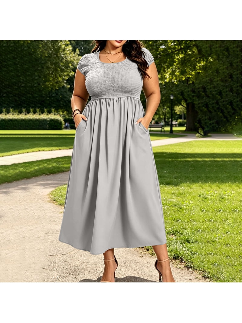 plus size summer dress for beach wedding Bgstyu Women's Casual Short Sleeve Smocked Solid Color Pleat Maxi Dress Guest Vacation Dresses L-5XL Beach/Country/Garden