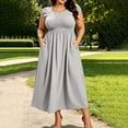 thumbnail image 2 of Busydd Plus Size Fall Dresses for Women Oversized Smocked Bust Round Neck Maxi Dress Casual Short Sleeve Solid Color Fall Dress with Pockets L, 2 of 10