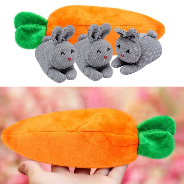 Bolsa de almacenamiento con forma de zanahoria y muñeco de conejo con cremallera | Capacidad para 3 figuras de conejito de peluche | Tela de algodón suave