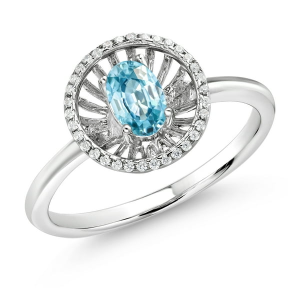 Gem Stone King 925 Sterling Silver Blue Zircon Ring for Women (1.13 Cttw, Oval 6X4MM, Gemstone December Birthstone, Size 9)