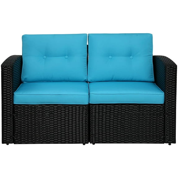 Cozyhom Patio Loveseat, 2 Piece Wicker Rattan Outdoor Sectional Sofa Set, Black/Blue