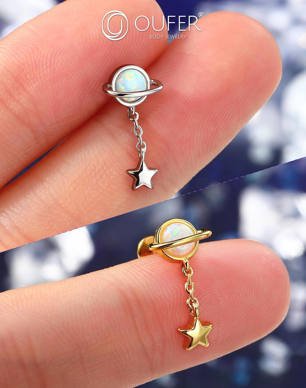16G Top Dangle Helix Earring 8mm Cartilage Earring Star Lip Stud Stainless Steel 316L Helix Stud Planet Internally Threaded Opal Flat Back Earring Helix Ring For Women[d987]