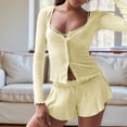 thumbnail image 4 of Women Cute Pajamas Set Long Sleeve Button Down Top Ruffle Shorts 2 Piece Lounge Sets Y2k Sleepwear Yellow S, 4 of 6