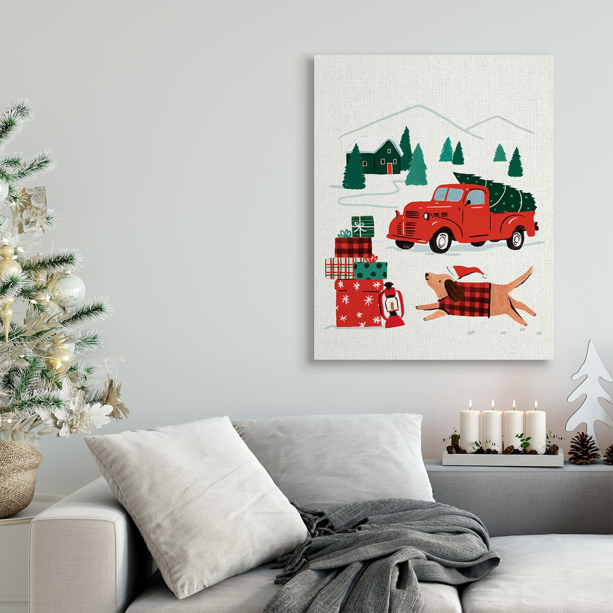 Stupell Industries Retro Christmas Cottage Landscape Festive Dog Hat Holiday Painting Gallery Wrapped Canvas Art Print Wall Art, 30 x 40
