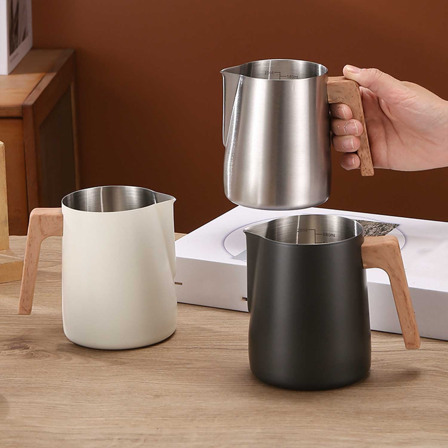 304 Stainless Steel Milk Frothing Pitcher - Wood Grain Handle with Scale Markings