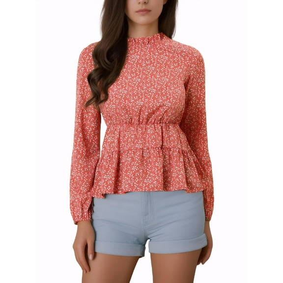 MODA NOVA Women's Blouse Top Ruffled Peplum Stand Collar Long Sleeve Floral Shirt XS Red