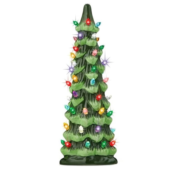 Ceramic Christmas Tree, Retro Hand-Painted Tabletop Christmas Trees,Ceramic LED Lighted Mini Trees with Bulbs & Timer,Battery Powered Holiday Décor for Fireplace,Mantel,Desk & Gift(colorful 9.8in)