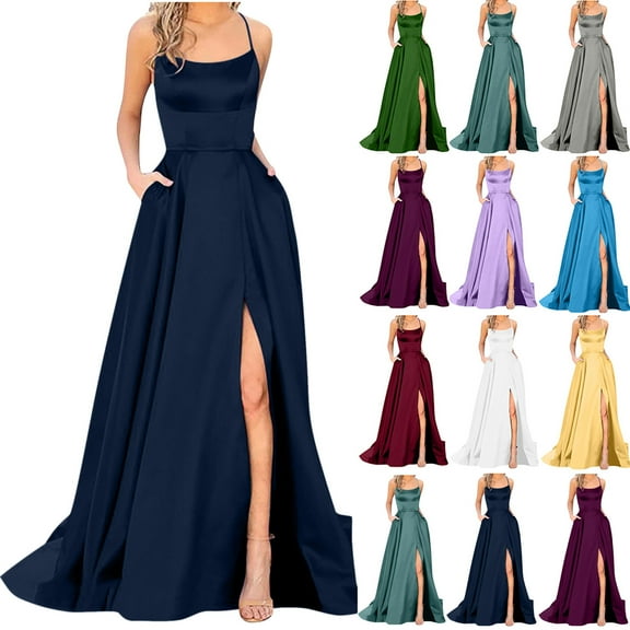 Ahuyic Printed Solid Color Plus Size Dress For Women, Summer Womens' Sleeveless Tank Long Maxi Dresses,Women's Wedding Guest Dress Sling Straps Backless Boat Neck Ankle-Length Skirt