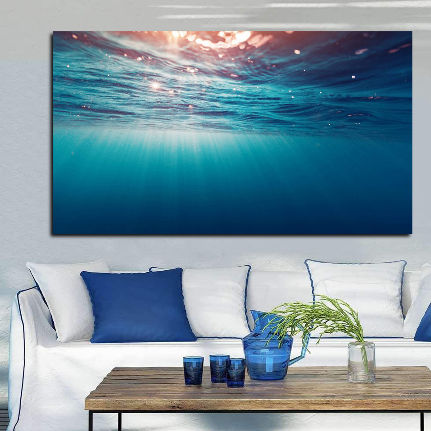 Under Ocean Canvas Art Deep Ocean Picture Wall Art Blue Sea Framed Painting  Wall Decor For Home Office Bedroom Reeady to Hang