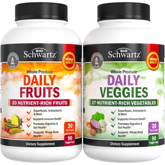BioSchwartz Daily Super Fruits and Vegetables Capsules Supplement Vegan Gluten-Free for Adults Immune Support Gut Health 180 Capsules