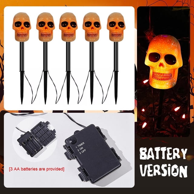 Estacas de calavera LED 3D para decoración de Halloween, luces solares y con pilas para camino de patio, porche, césped, decoración de jardín