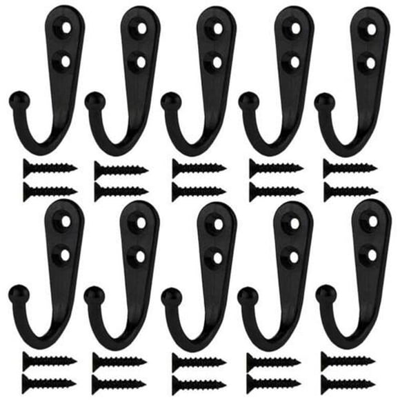 10Pcs Small Black Hooks Coat Hangers Screws Zinc Alloy 21*12*30 mm Black