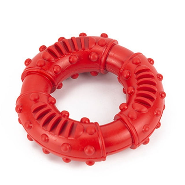 Dientes de goma para perros, juguete de limpieza de dientes con forma de anillo antideslizante resistente a mordeduras de donut para mascotas, color rojo