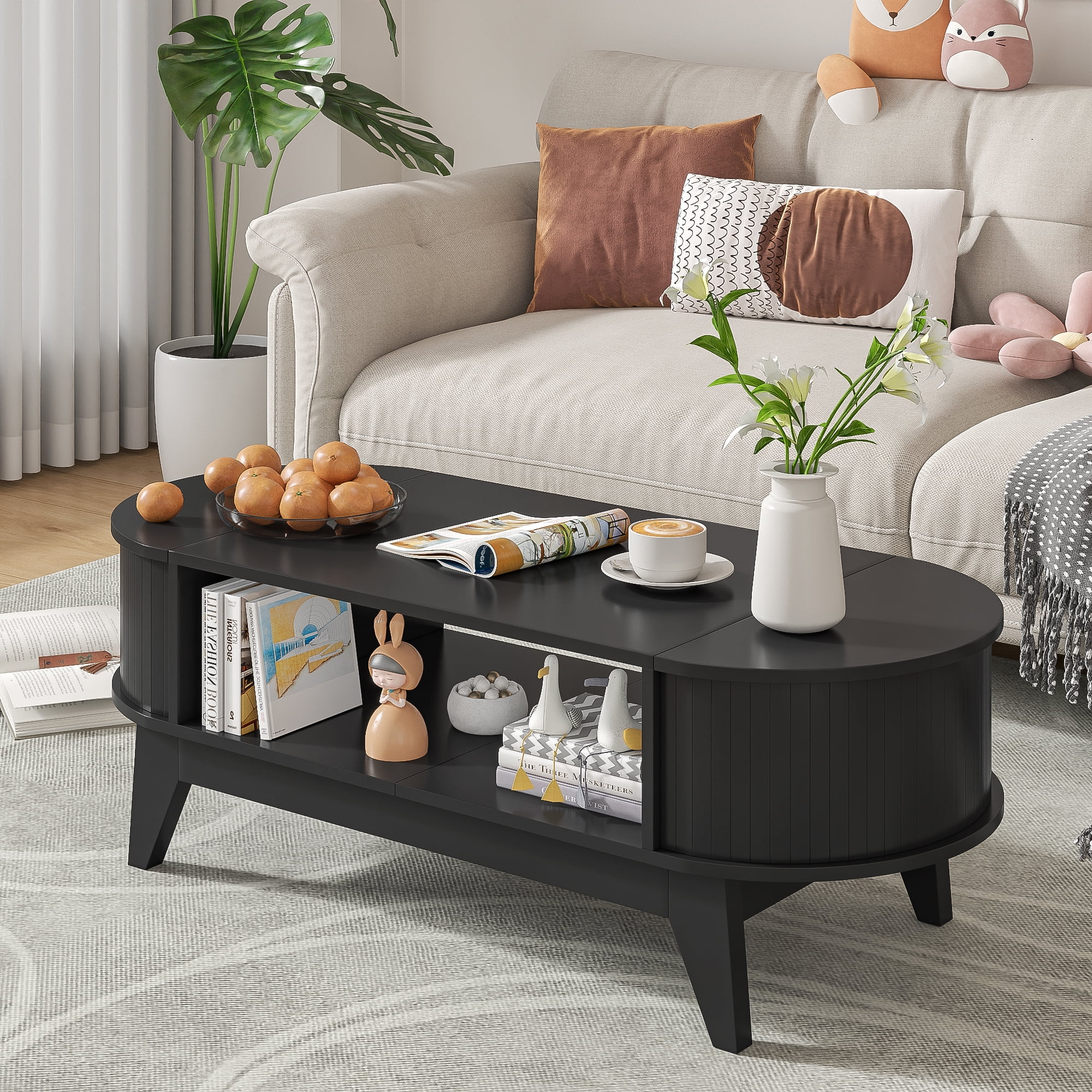 Fluted Coffee Table with Storage, Modern Coffee Tables, Wood Accent Center Table, Black
