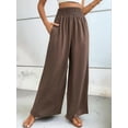 thumbnail image 3 of Women Linen Palazzo Pants Wide Leg Summer Boho High Waist Casual Lounge Pants Beach Travel Vacation Outfits Brown S, 3 of 8
