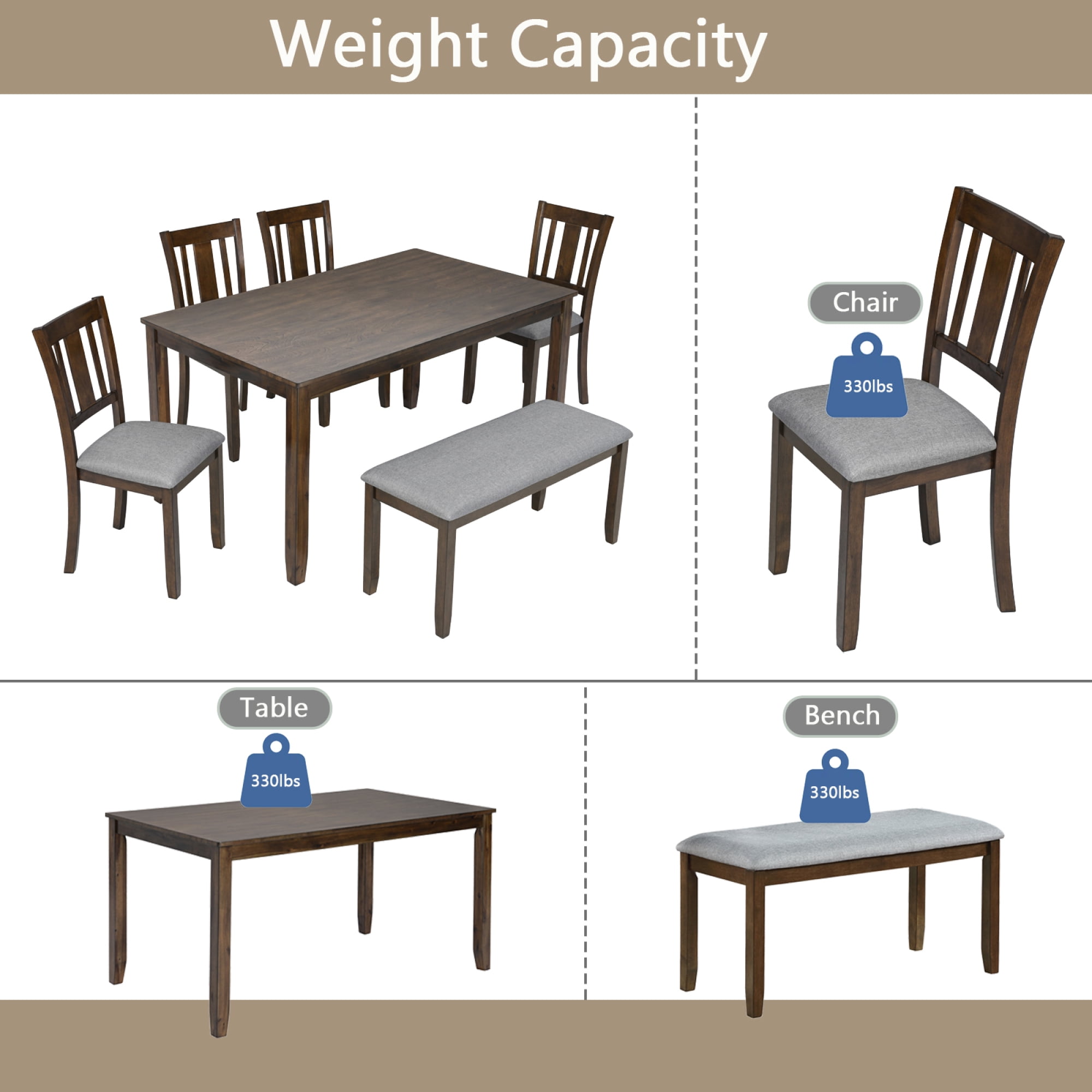 Leumius 6 Piece Kitchen Dining Set,Wood Rectangular Kitchen Table with 4 Upholstered Chairs and a Bench,Dining Table Set for 6 People,Kitchen Dining Table Set for Living Room, Home Bar and Kitchen