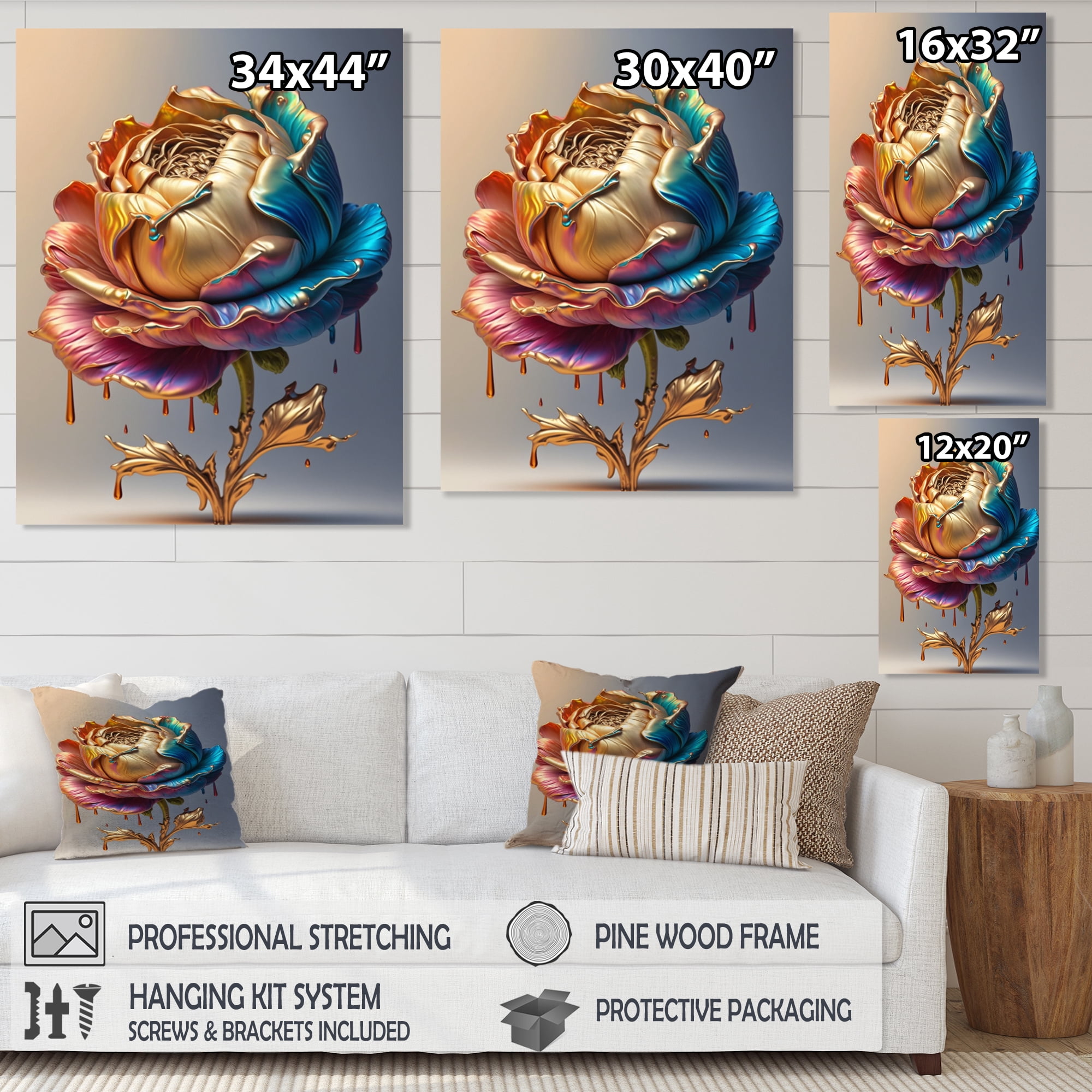 Designart Rainbow Peony Liquid Gold II Canvas Wall Art