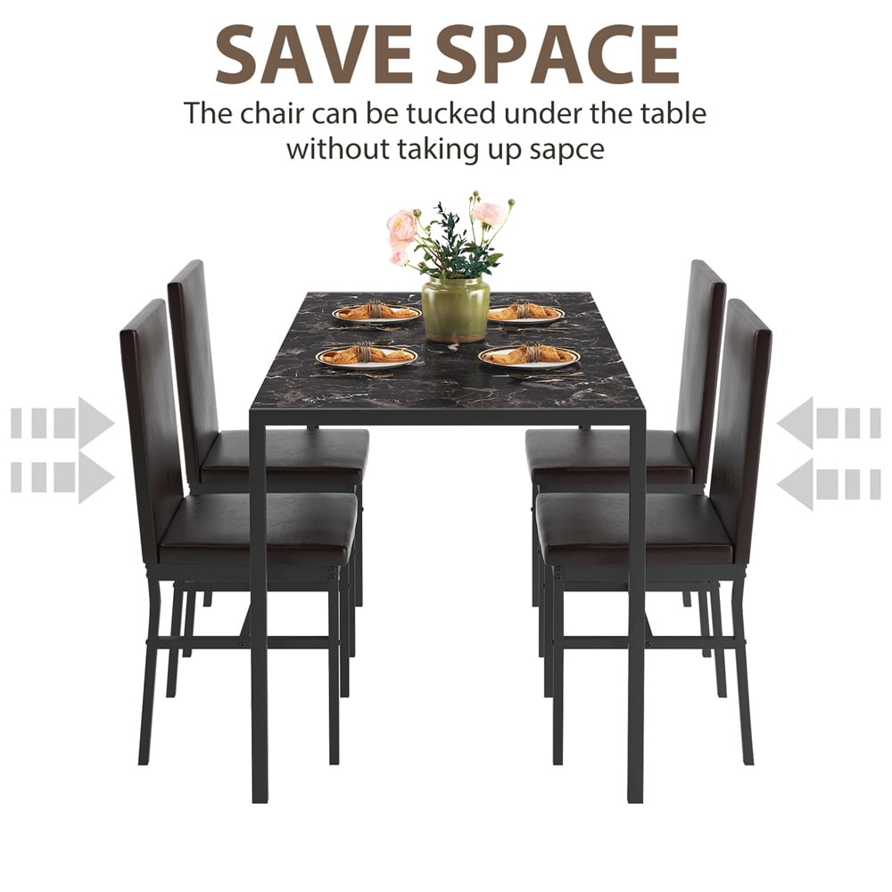 UHOMEPRO Dining Table Set for 4, 5 Piece Dining Room Table Set with Black PU Leather Chairs, Brown Faux Marble Pattern Rectangle Kitchen Table Set for Breakfast Nook Small Space