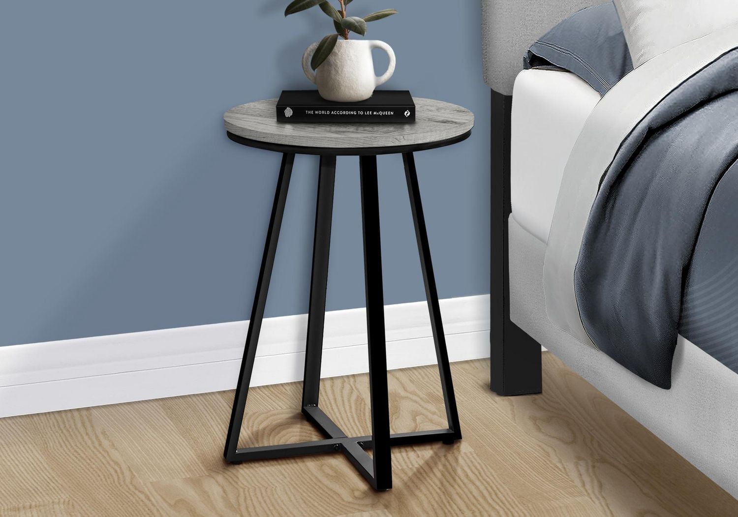 Monarch Specialties Accent Table, Side, Round, End, Nightstand, Lamp, Living Room, Bedroom, Grey Laminate, Black Metal, Contemporary, Modern