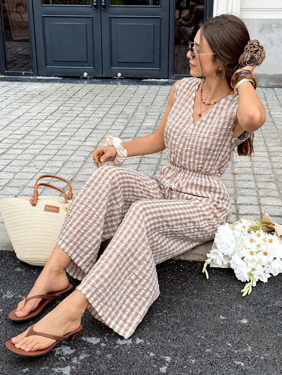 Women's Plaid Striped Sleeveless V-Neck Wide-Leg Jumpsuit,White Summer Boho Holiday Vacation Holiday Casual Elegant Party Wedding Graduation Formal