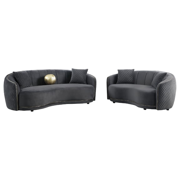 Benjara Buo 2pc Living Room Set- Sofa and Loveseat- Gold Trim- Dark Gray Velvet