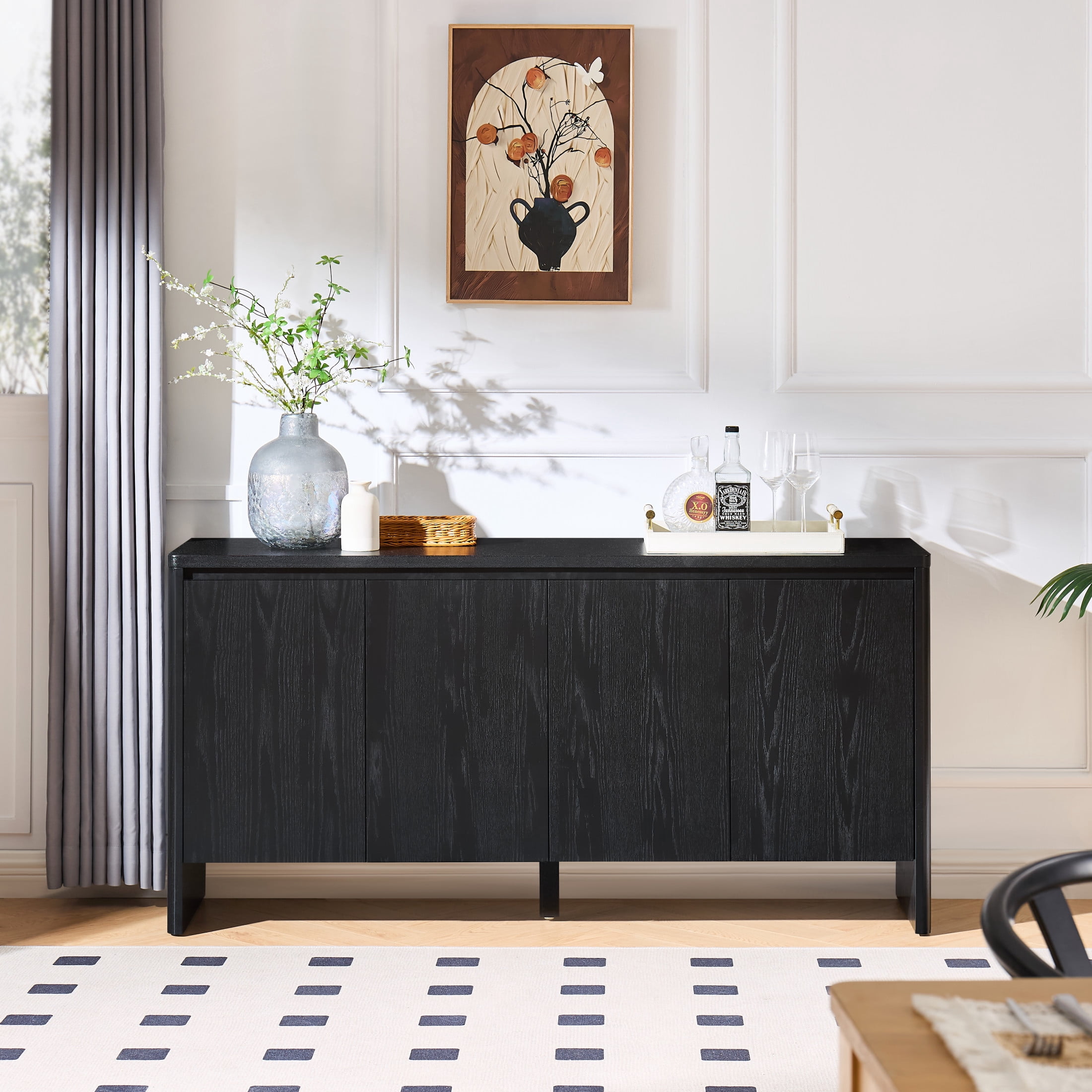 GDF Studio 61.1-Inch Mid-Century Sideboard Buffet Cabinet with Adjustable Shelves, Outlet Holes, Black