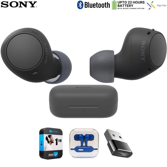 Sony WFC510/B Truly Wireless Earbuds with 22-Hour Battery, IPX4, Multipoint, Black Bundle with In-Ear Headphone (Colors May Vary), Converter Adapter and 1 YR CPS Enhanced Protection Pack