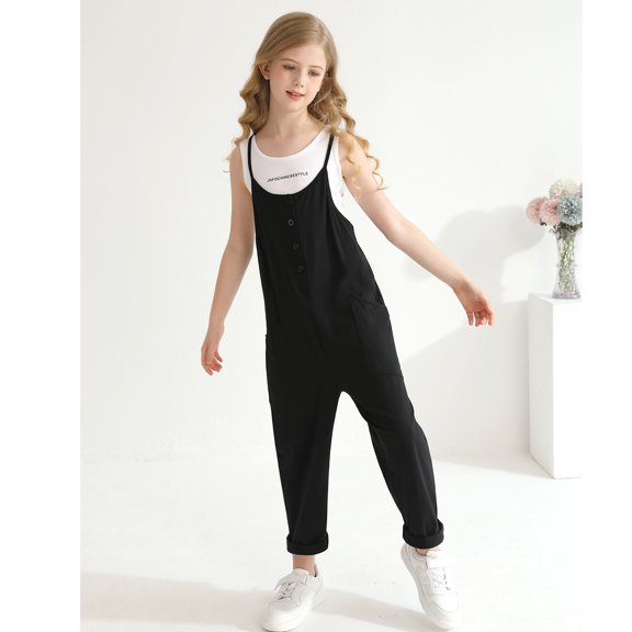 GYRATEDREAM Girls Casual Jumpsuits Spaghetti Strap Sleeveless Loose Romper Long Pants with Pockets Kids Clothes 5-14Y