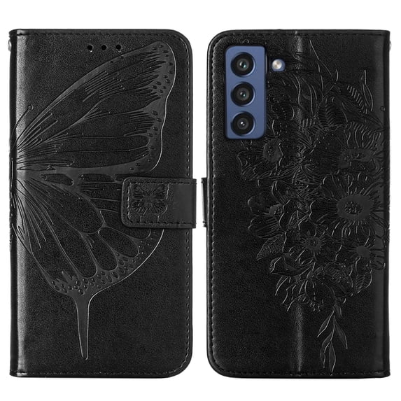 Wallet Case for Samsung Galaxy S21 FE 6.4 Inch, Luxury Butterfly Pattern PU Leather Shockproof Wrist Strap Flip Case with Magnetic Clasp Card Slots Kickstand Bracket Folio Phone Cover,Black