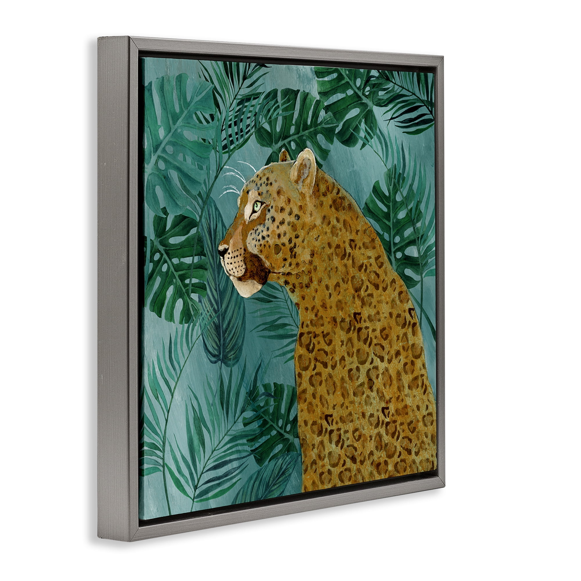 Stupell Industries Monstera & Palms Cheetah Animals Painting Gray Floater Framed Canvas Art Print Wall Art, 18 x 18