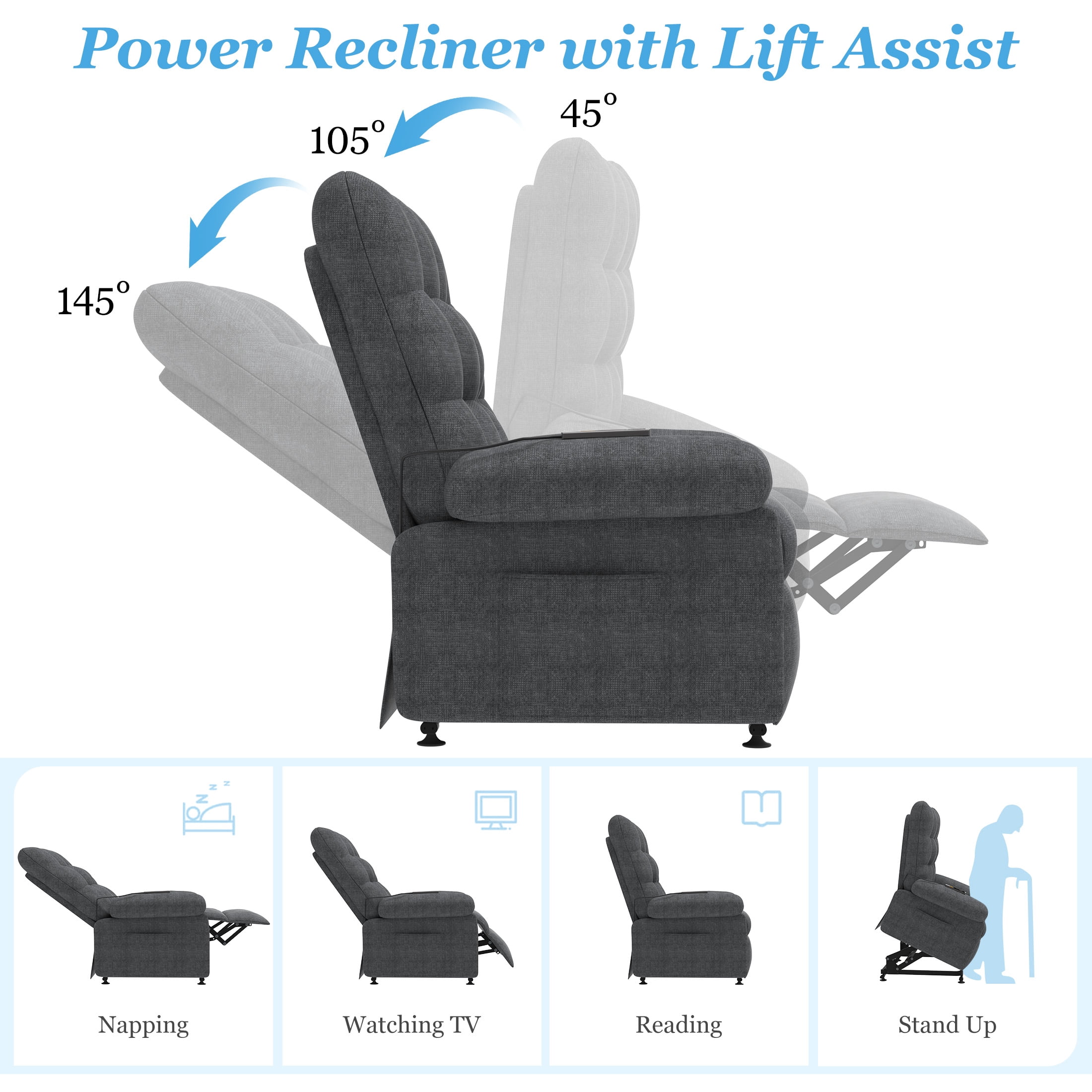 3 Motor Power Lift Recliner Chair, HSUNNS Zero Gravity Recliners with Side Pocket for Elderly, Electric Sofa with Remote Control for Living Room Home Theater, Ergonomic Lounge Recliner Chair, Gray