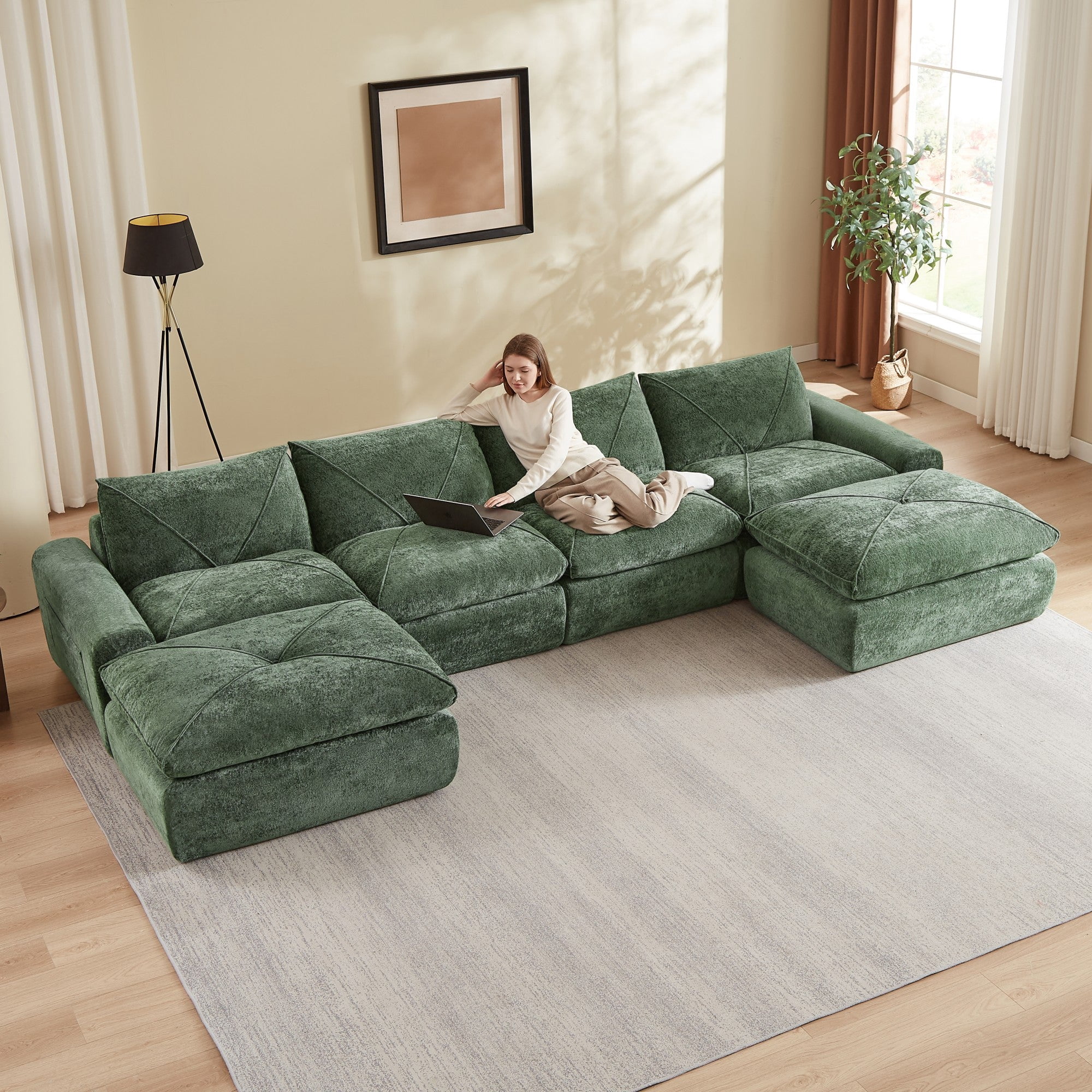 Sailvan Modern Chenille Modular Sectional Sofa with Ottoman,Comfortable Minimalist Living Room Furniture for Families and Apartments Green