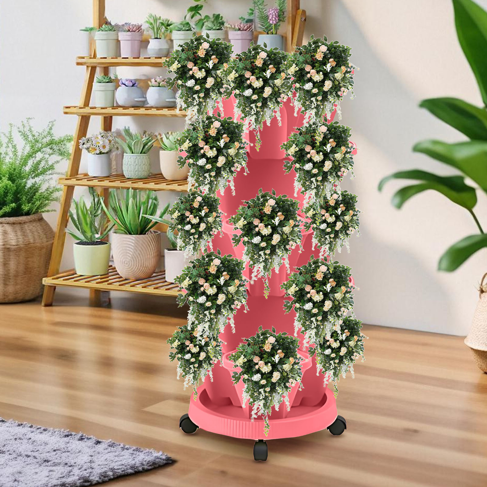 ChicYu Stackable 3-Petal Plastic Planter for Strawberries,Tiered Gardening Basin for Herbs, Vertical Indoor Outdoor Gardens Pink